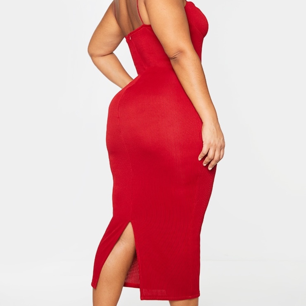 PrettyLittleThing Red Ribbed Midi Dress - Picture 2 of 6
